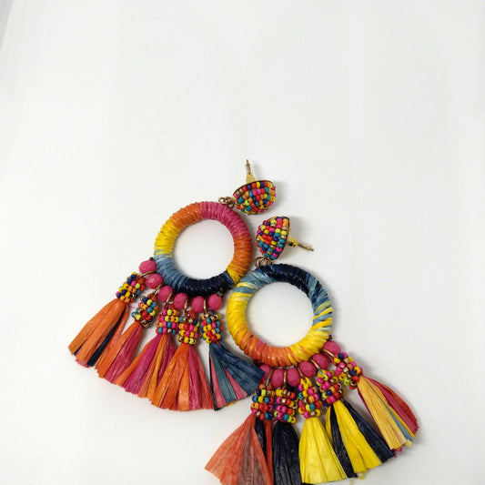 Handmade Multi Color Loop Earrings With Jute Tassel Detailing