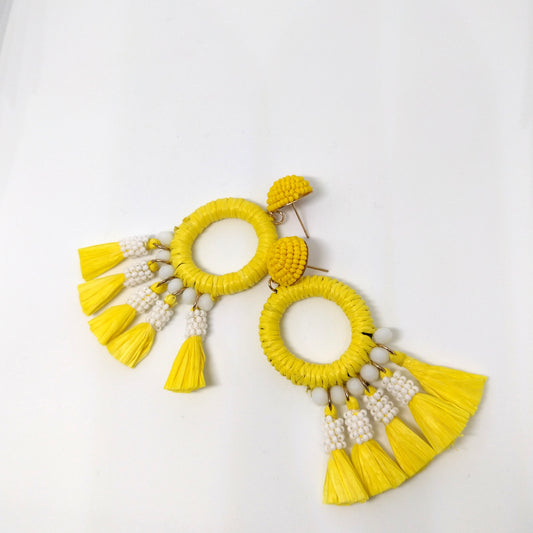 Bright Yellow Tassel Loop Earrings With Miyuki Beads Touch Ups